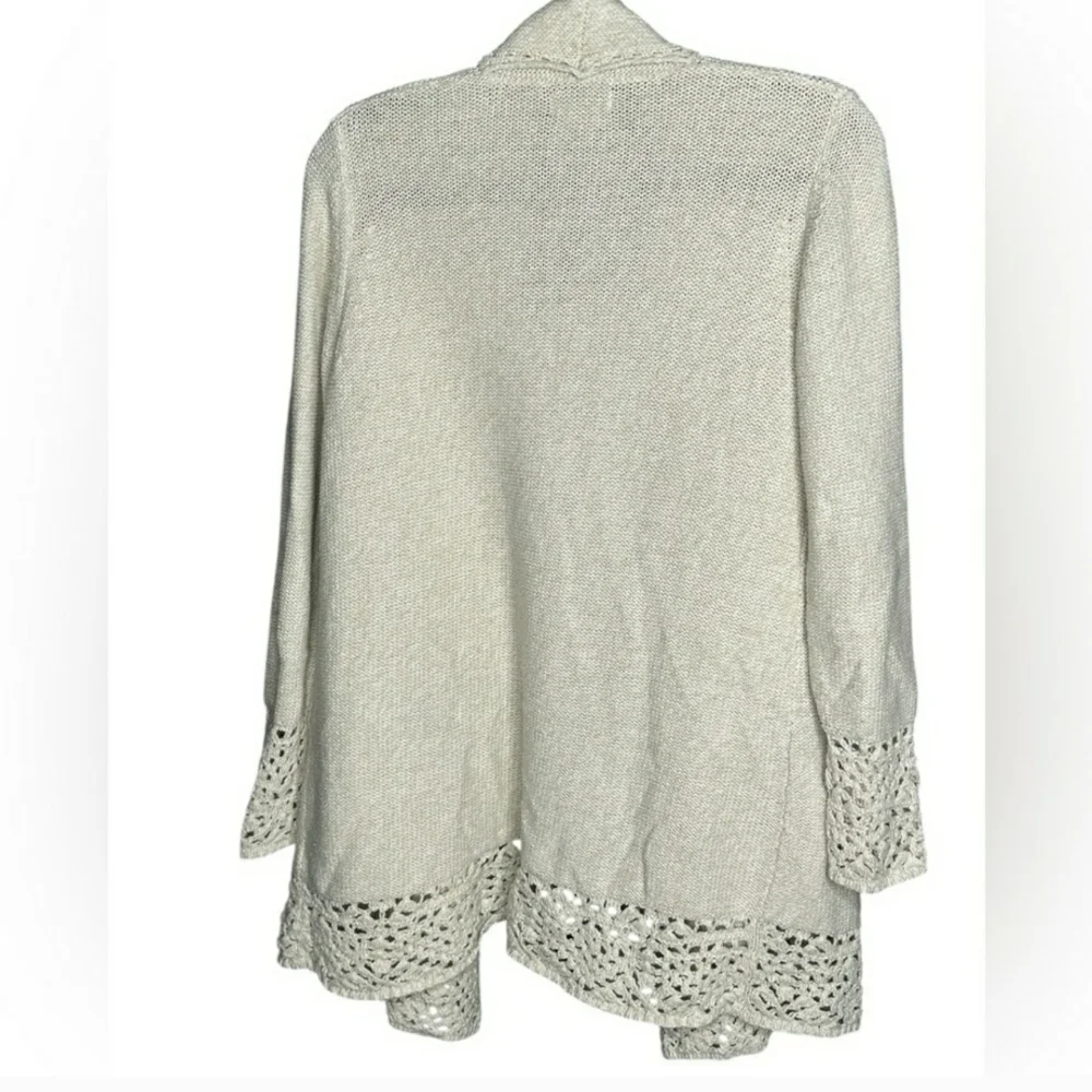 Lucky Brand Ivory Open Front Crochet Trim Cardigan Sweater Medium Boho
